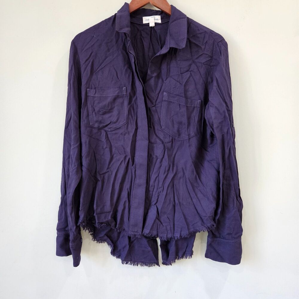 Anthropologie Cloth & Stone Womens Button Down Shirt Navy Blue Medium Raw Hem